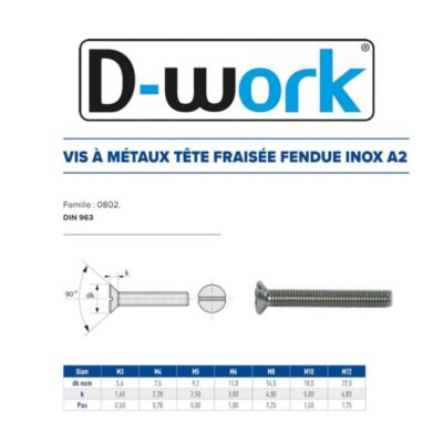 50 Vis Métaux Tête Fraisée Fendue 10 x 50 mm - DIN 963 - Inox A2 - D-Work