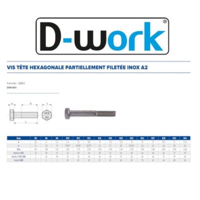 50 Vis Métaux Tête Hexagonale F/Partiel 8 x 150 mm - DIN 931 - Inox A2 - D-Work