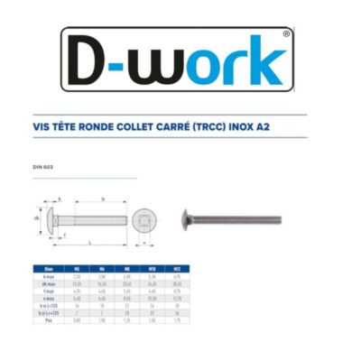 50 Vis Tête Ronde Collet Carré TRCC 10 x 80 mm - DIN 603 - Inox A2 - D-Work