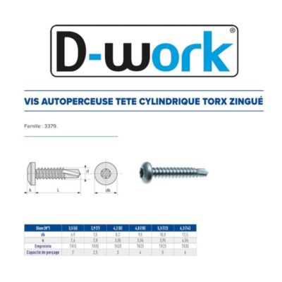 500 Vis Autoperceuses Tête Cylindrique Torx 4.8 x 22 mm - Zingué blanc - D-Work