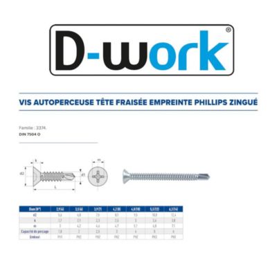 500 Vis Autoperceuses Tête Fraisée Phillips 3.9 x 45 mm - DIN 7504 O - Zingué blanc - D-Work
