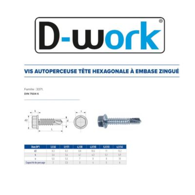 500 Vis Autoperceuses Tête Hexagonale à Embase 3.5 x 19 mm - DIN 7504 K - Zingué blanc - D-Work