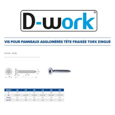 500 Vis Bois Tête Fraisée Torx T20 F/Partiel 4.5 x 45 mm - Zingué blanc - D-Work