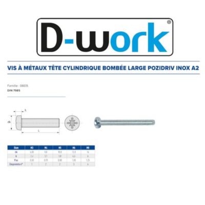 500 Vis Métaux Tête Cylindrique Larges Pozidriv 5 x 16 mm - DIN 7985 - Inox A2 - D-Work