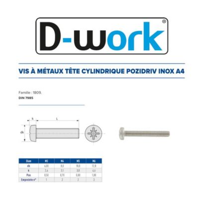 500 Vis Métaux Tête Cylindrique Pozidriv 5 x 12 mm - DIN 7985 - Inox A4 - D-Work