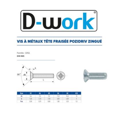 500 Vis Métaux Tête Fraisée Pozidriv 3 x 16 mm - DIN 965 - Zingué blanc - D-Work