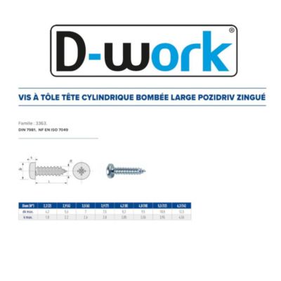 500 Vis à Tôle Tête Cylindrique Larges Pozidriv 5.5 x 12.7 mm - DIN 7981 - Zingué blanc - D-Work