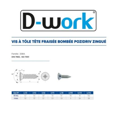 500 Vis à Tôle Tête Fraisée Bombée Pozidriv 4.8 x 19 mm - DIN 7983 - Zingué blanc - D-Work
