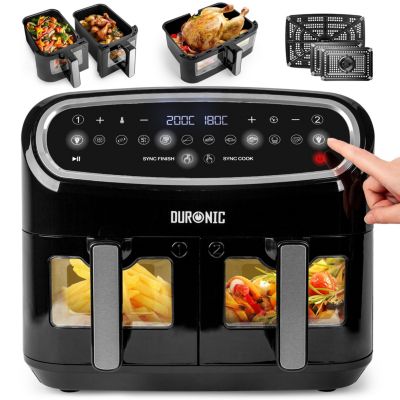 AF34 BK Friteuse à air 2400W Airfryer 3 tiroirs de 5 et 10 litres Sync Cook Sync Finish 10 modes de cuisson Sans huile Duronic