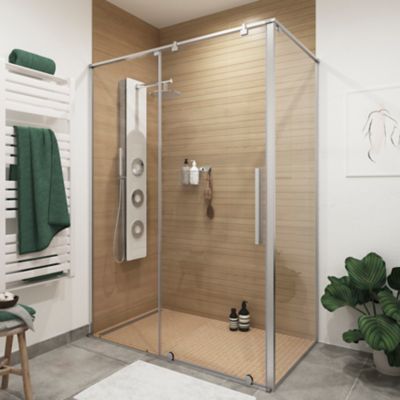 Porte de douche coulissante l.140 x H.195 cm transparente  profilés alu brossé chrome  GoodHome Ezili