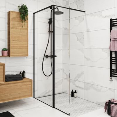 Paroi de douche walk in et volet GoodHome Ezili transparent profilé noir 80 + 38 cm