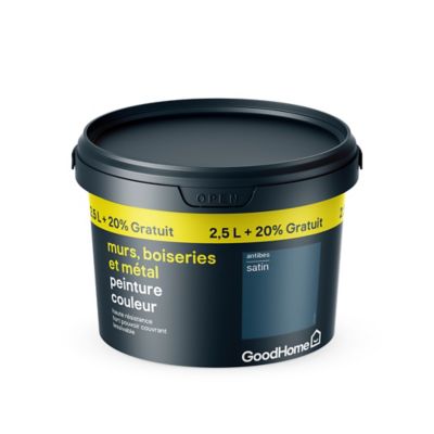 Peinture résistante murs boiseries et métal GoodHome bleu Antibes satin 2,5L +20% gratuit