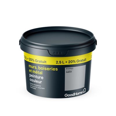 Peinture résistante murs boiseries et métal GoodHome gris Brooklyn satin 2,5L +20% gratuit