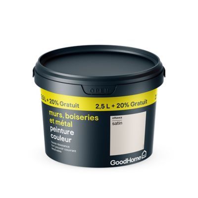 Peinture résistante murs boiseries et métal GoodHome blanc Ottawa satin 2,5L +20% gratuit