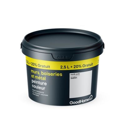 Peinture résistante murs boiseries et métal GoodHome blanc North Pole satin 2,5L +20% gratuit