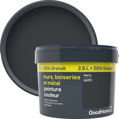 Peinture résistante murs boiseries et métal GoodHome noir Liberty satin 2,5L +20% gratuit