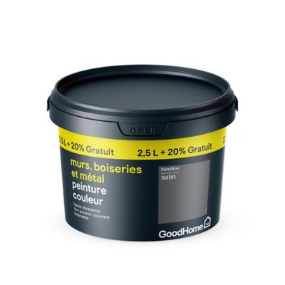 Peinture résistante murs boiseries et métal GoodHome gris Hamilton satin 2,5L +20% gratuit