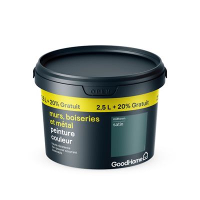 Peinture résistante murs boiseries et métal GoodHome vert Milltown satin 2,5L +20% gratuit