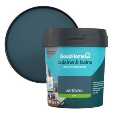 Peinture cuisine et salle de bains GoodHome bleu Antibes satin 750ml