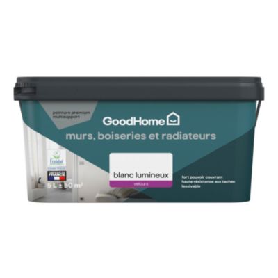 Peinture murs, plafonds et radiateurs GoodHome blanc lumineux velours 5L