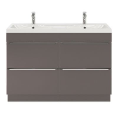 Meuble vasque à  poser gris taupe brillant l.120 cm Imandra + plan double vasque blanc céramique Nira  GoodHome
