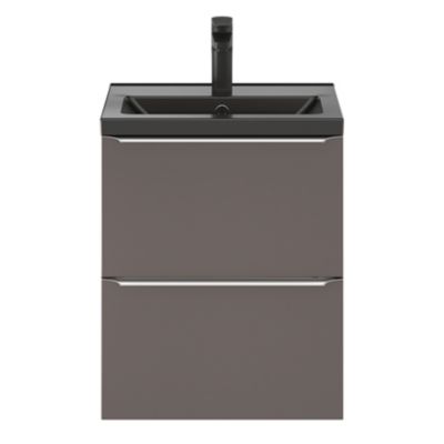 Ensemble salle de bains l.50 cm meuble à  suspendre faible profondeur Imandra gris taupe brillant + plan vasque céramique blanc