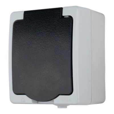 Prise avec terre étanche en saillie gris complet - H 8,5 cm / L 6,5 cm / P 5 cm