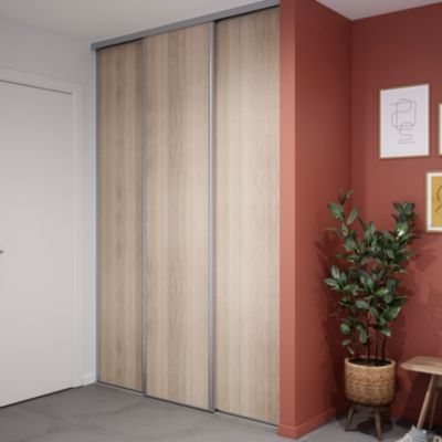 Porte de placard coulissante effet chêne clair profil gris GoodHome Arius H. 248,5 x L. 62.2 cm + am