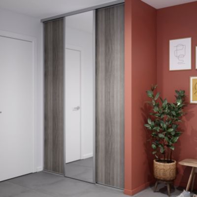 Porte de placard coulissante effet chêne grisé profil gris GoodHome Arius H. 248,5 x L. 62.2 cm + am