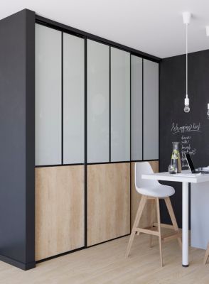 Porte de placard coulissante atelier effet chêne brut profil noir GoodHome Arius H. 248,5 x L. 76.2 