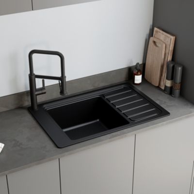 Évier de cuisine en composite de quartz noir 1 bac à encastrer GoodHome Romesco + égouttoir - Goodhome