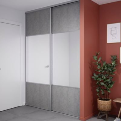 Porte de placard coulissante avec miroir béton profil gris GoodHome Arius H. 248,5 x L. 92.2 cm + am