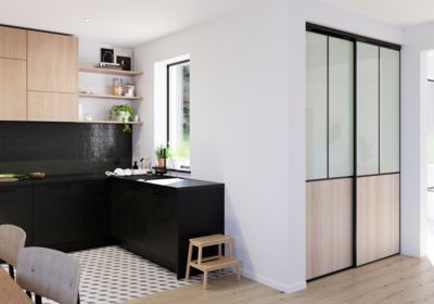 Porte de placard coulissante atelier effet chêne clair profil noir GoodHome Arius H. 248,5 x L. 91.2