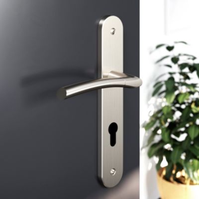 Ensemble poignée sur plaque rond cylindre GoodHome Hirel effet nickel satin gris chromé L.128mm x l.