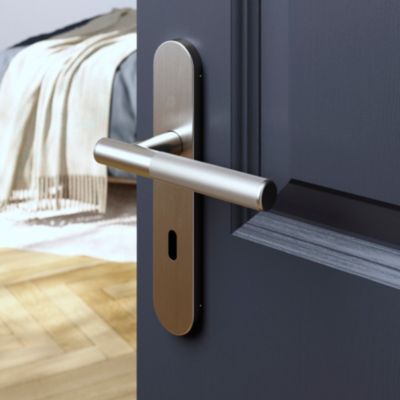 Ensemble poignée sur plaque rond serrure GoodHome Irus effet nickel satin gris L.150mm x l.42mm entr