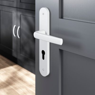 Ensemble poignée sur plaque Incurvé cylindre GoodHome Primel mat blanc L.126mm x l.40mm entraxe 195m