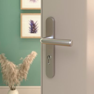 Ensemble poignée sur plaque rond GoodHome Dizel effet nickel satin gris L.121.5mm x l.33mm entraxe 1