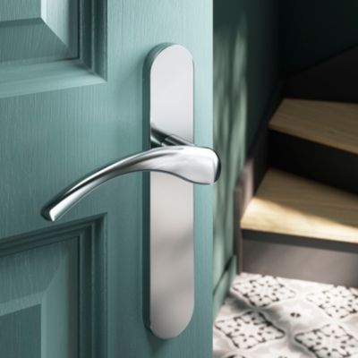 Ensemble poignée sur plaque rond GoodHome Ruis effet chromé gris L.138.5mm x l.42mm entraxe 165-195m