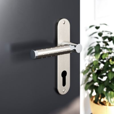 Ensemble poignée sur plaque rondcylindre GoodHome Brigg effet chrome et nickel satin gris L.132mm x 
