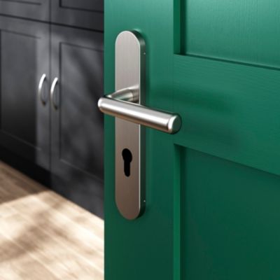 Ensemble poignée sur plaque rondcylindre GoodHome Dizel effet nickel satin gris L.121.5mm x l.42mm e