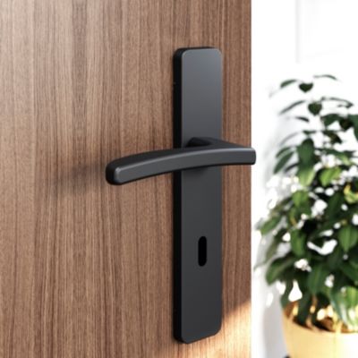 Ensemble poignée sur plaque rectangulaire serrure GoodHome Irvil effet nickel mat noir L.126.5mm x l