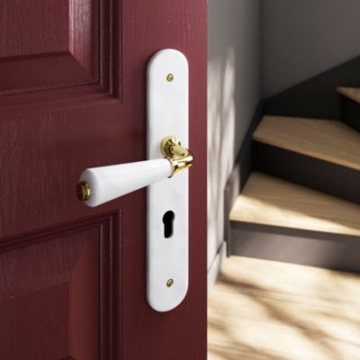 Ensemble poignée sur plaque Droit cylindre GoodHome Porcelaine Vras blanc L.115mm x l.45mm entraxe 1