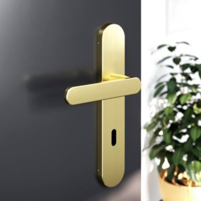 Ensemble poignée sur plaque rond serrure GoodHome Minzh effet laiton satin doré L.120mm x l.42mm ent