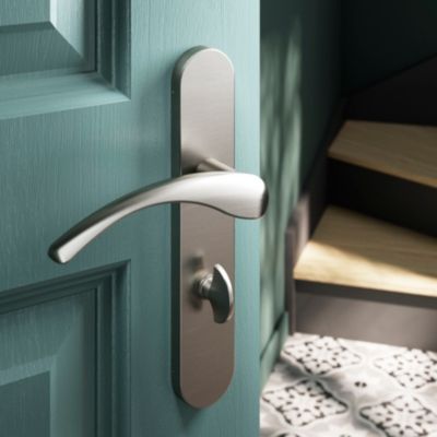 Ensemble poignée sur plaque rond à condamnation GoodHome Ruis effet nickel satin gris L.138.5mm x l.