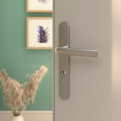 Ensemble poignée sur plaque Incurvé GoodHome Primel effet nickel satin gris L.126mm x l.33mm entraxe