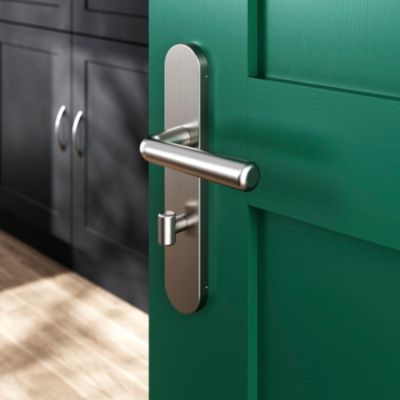 Ensemble poignée sur plaque rond à condamnation GoodHome Dizel effet nickel satin gris L.121.5mm x l