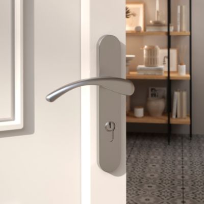 Ensemble poignée sur plaque rond GoodHome Ruis effet nickel satin gris L.138.5mm x l.40mm entraxe 19