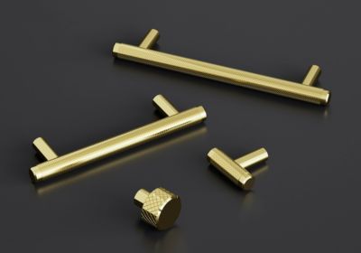 Poignée de meuble en T GoodHome Irus acier effet laiton satin doré l.136mm x l.12mm x H. 35mm entrax