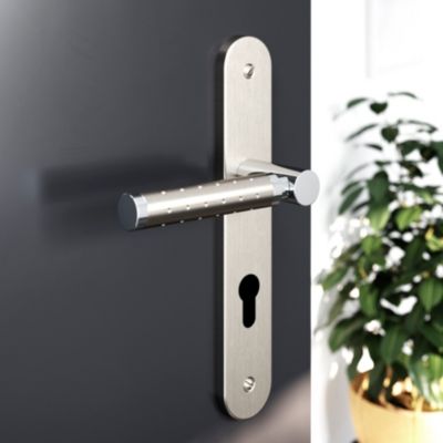 Ensemble poignée sur plaque rondcylindre GoodHome Brigg effet chrome et nickel satin gris L.132mm x 