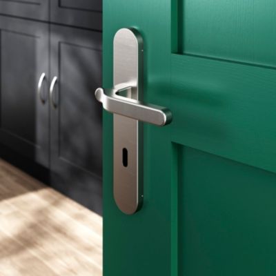 Ensemble poignée sur plaque rond serrure GoodHome Prat effet nickel satin gris L.129mm x l.42mm entr